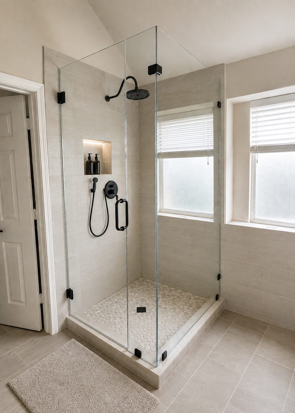 Frameless corner shower enclosure with matte black rain head, handheld and door hardware, a lit recessed niche and a rounded mosaic shower floor